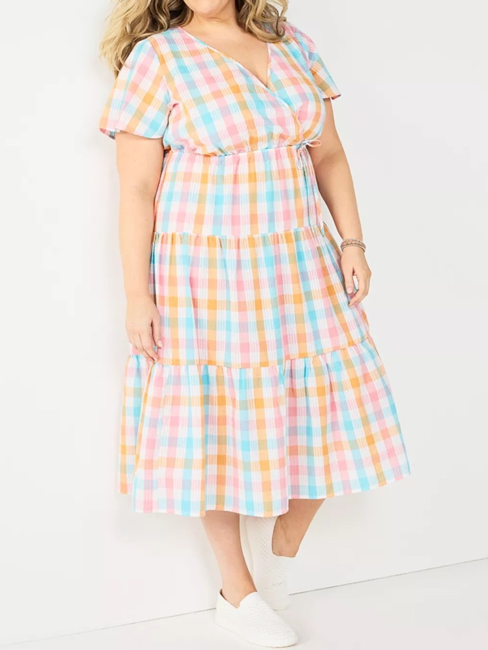 Croft & Barrow Plus Size Pastel Plaid Seersucker Tiered Midi Dress. Size XL.